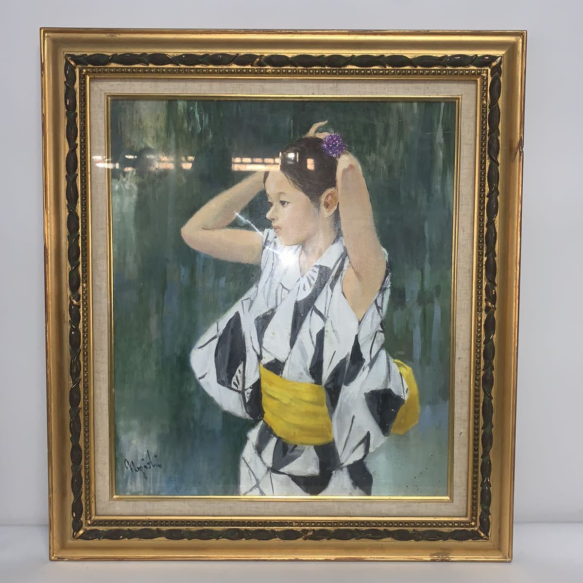 真作」浦野光江「野菊」静物画油彩画額装サイン有りSM号