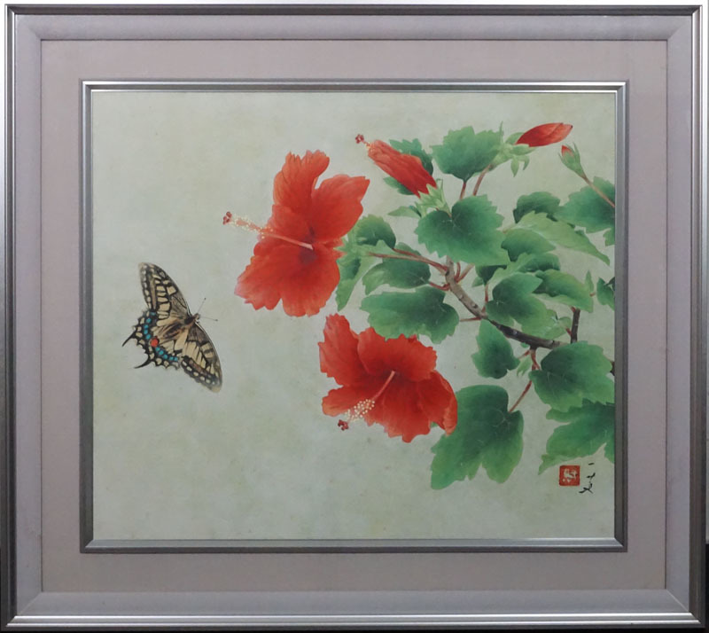 ハイビスカスと蝶々、油彩画 絵画作品「ハイビスカスと蝶」