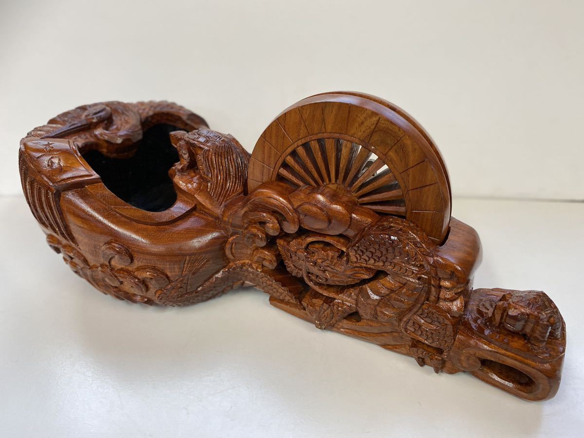 大型 墨壷(成孝作)全長61cm 木製 鶴亀龍彫刻 装飾墨壺 宮大工 大工道具