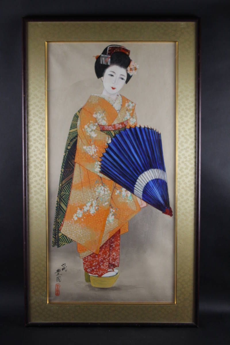 六代目歌川豊国作手描き日本画板画題目舞妓図額装仕立て