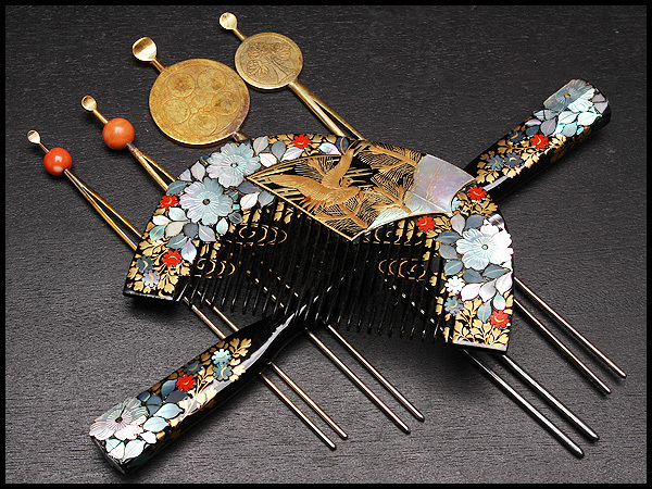 江戸中期 300年前 アンティーク 時代物 簪 笄 かんざし 金蒔絵 螺鈿 希少