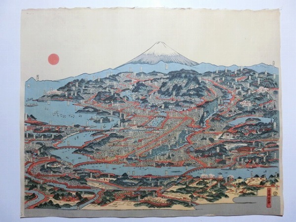 激レア 貴重 大日本細見道中記 彩色木版画入 絵入 古地図 鳥瞰図 激