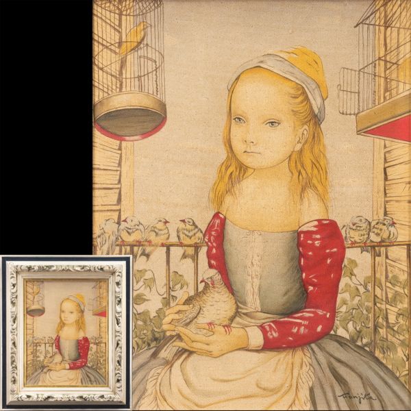 藤田嗣治 油彩画 F6号 肉筆 油絵 絵画 額縁 額装