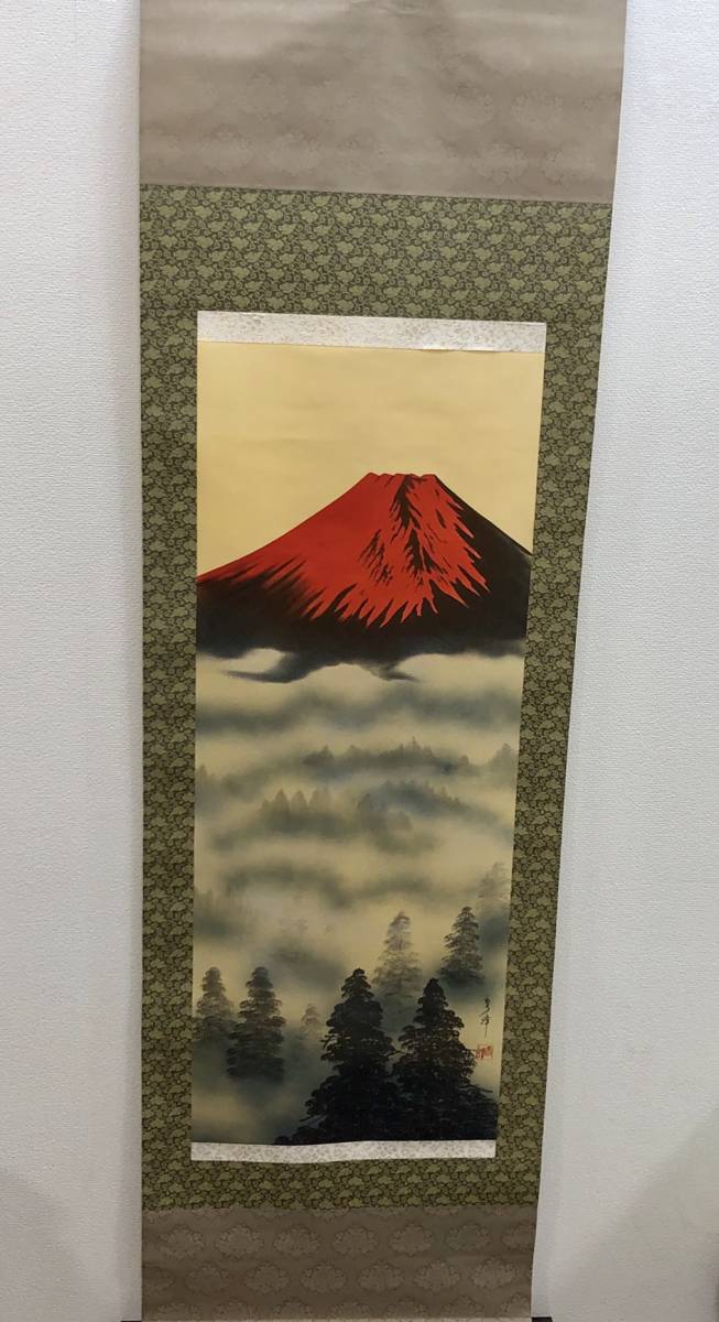 加瀬至 赤富士図 掛軸 人気 加瀬至 赤富士 肉筆 共箱 日本画 掛け軸
