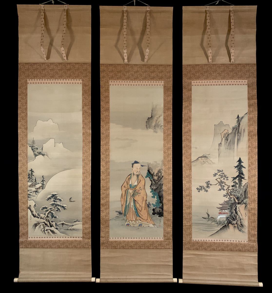 掛軸 白雪 三貴人 箱無し アンティーク 時代物 A-4 掛軸 白雪 三貴人