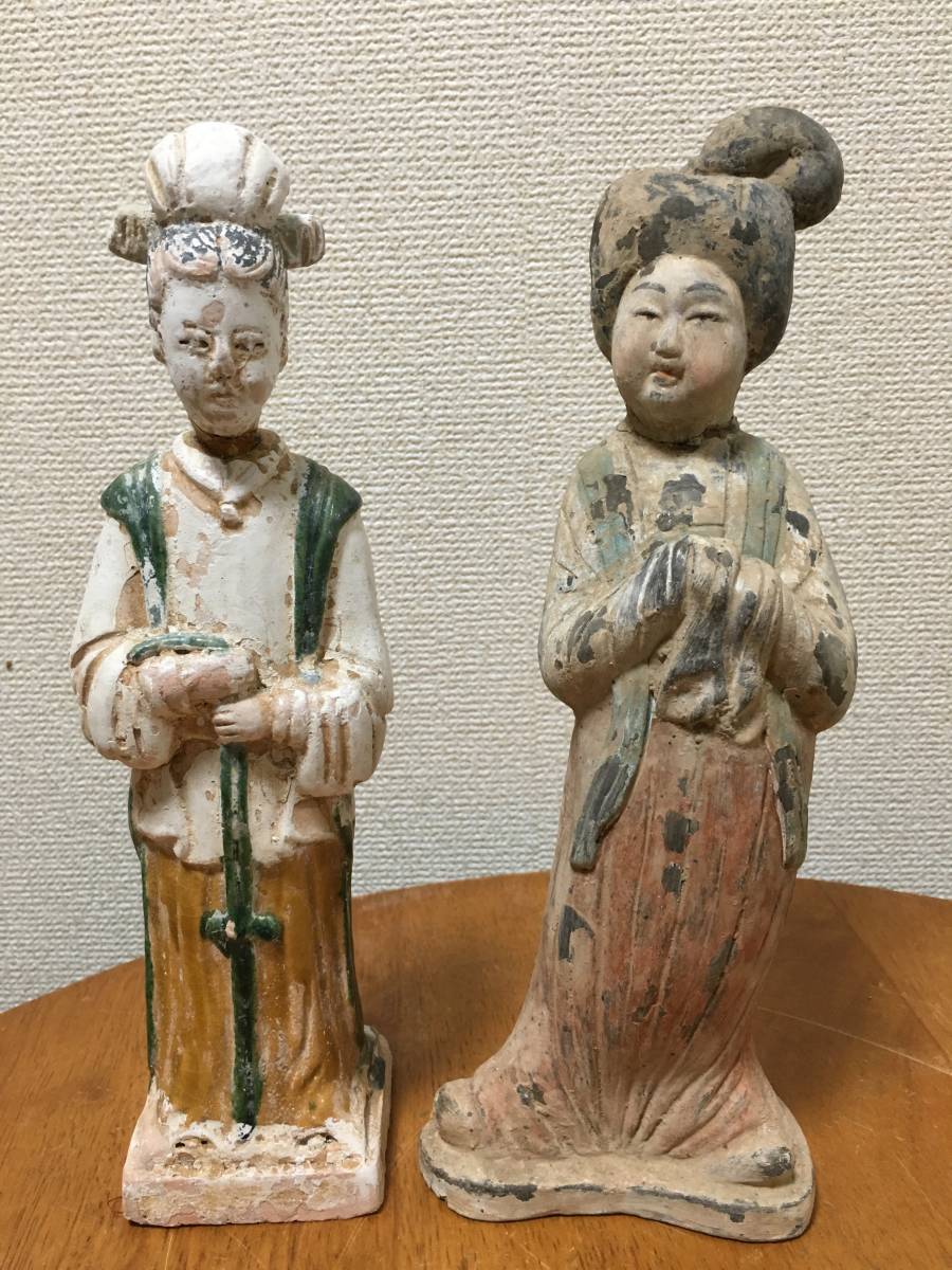 置物□唐俑 唐彩絵女俑 中国陶磁 唐時代 婦人像 古い土人形 時代物