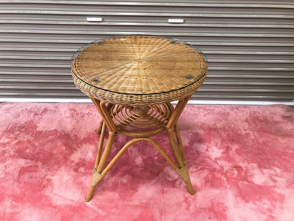 木製 ラタン ラウンドテーブル ガラス天板 藤ちゃぶ台 座卓 昭和レトロ
