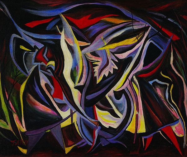 中古】◇岡本太郎◇夜明け◇肉筆 油彩◇画面サイン◇裏サイン F8 額装