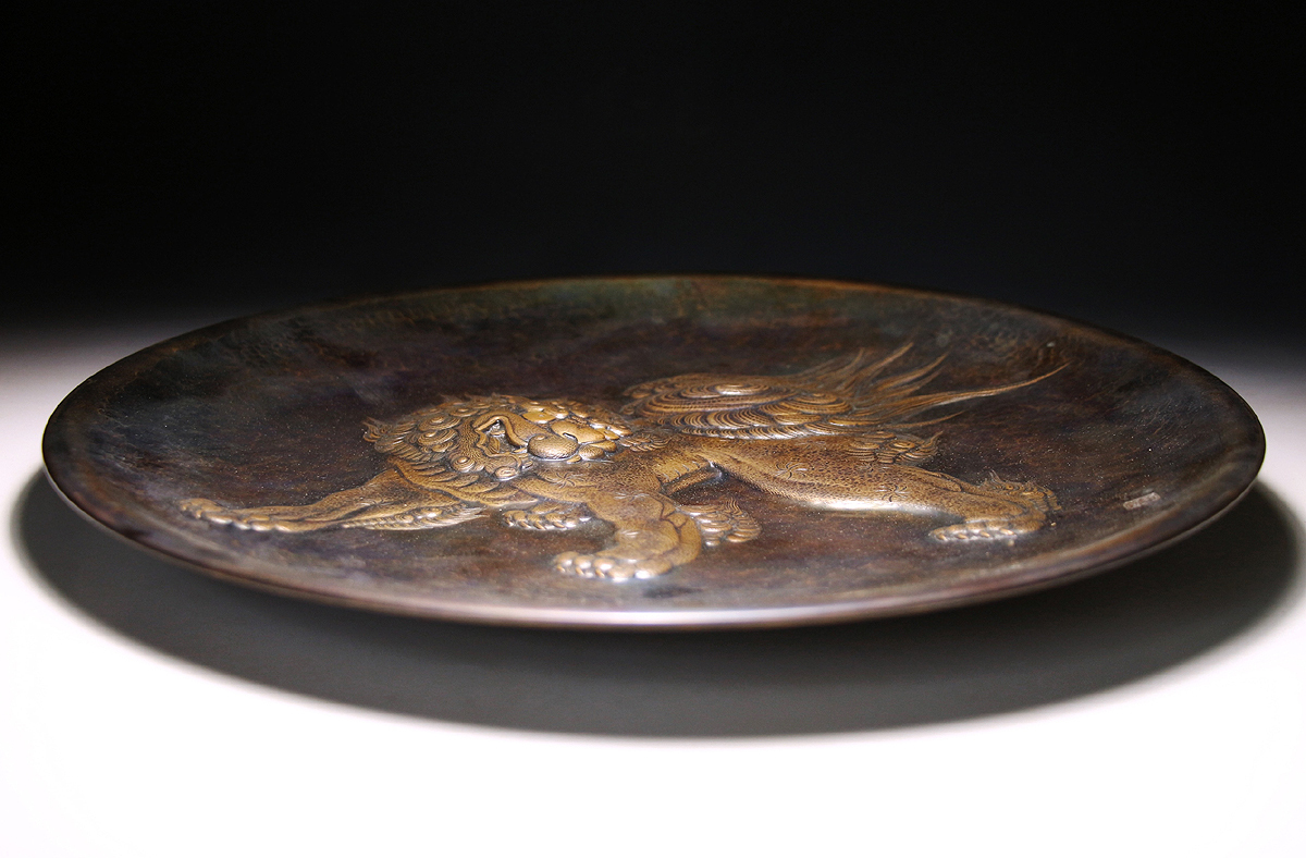 美術品】【侍】玉川堂造 鎚起銅器 唐獅子 額皿 共箱 検玉川宣夫