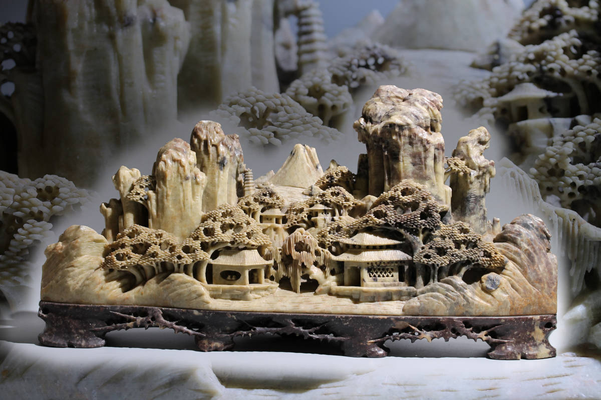 中国 玉石蝋石青田石彫刻 楼閣山水雕 硯屏 置物 V R8517 中国 玉石蝋石