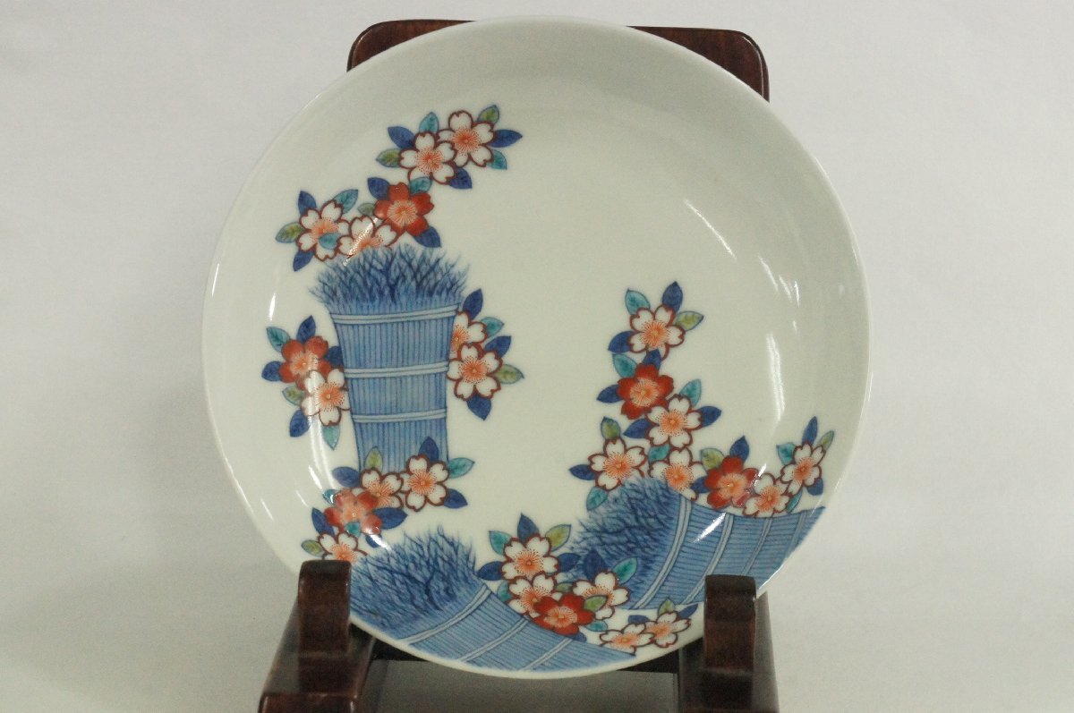 鍋島 色絵 桜花籠文 五寸皿 市川龍男 市川龍仙 共箱 皿 飾皿 絵皿 鍋島