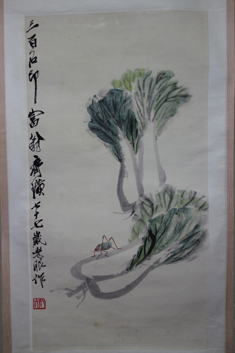 中国古美術・純手描き白菜図三尺画芯・水墨彩色画・斉白石印款・宣紙