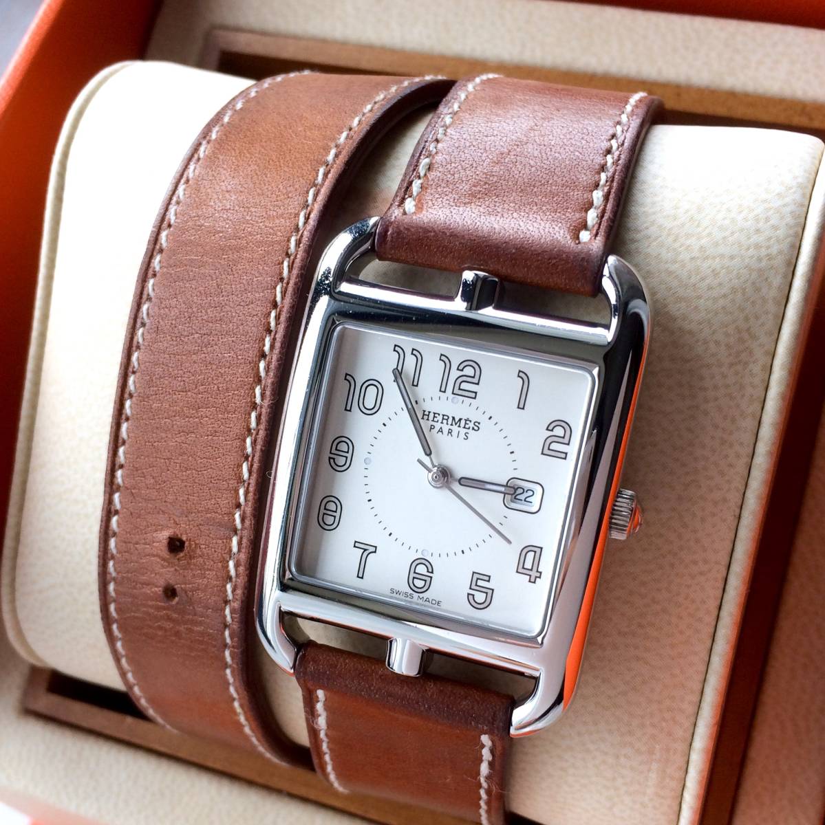 超美品HERMES ケープコッドストラップエトゥープレザーベルト二重巻