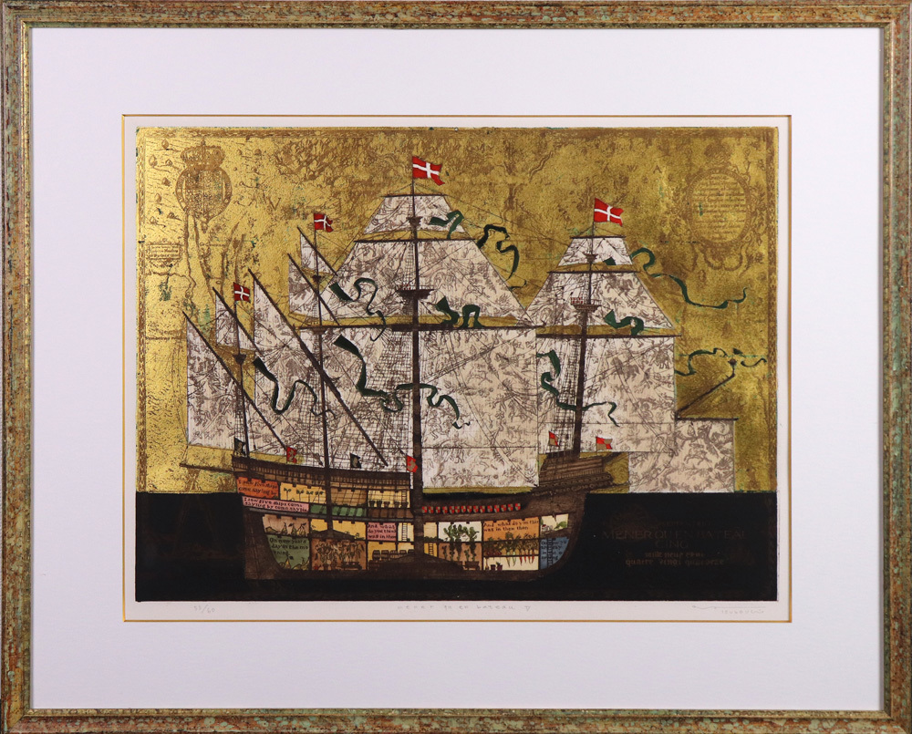 坪内好子 象と帆船のコンポジション 金箔＋銅版画＋手彩色32.5㎝×21.5