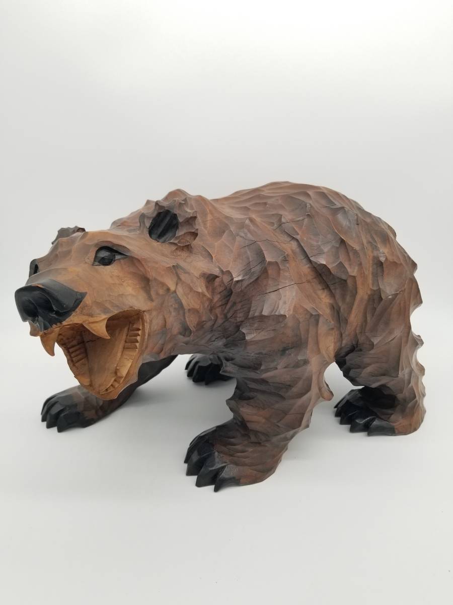 縁起物 天然木 熊木彫置物(台座付)くま クマ 北海道 昭和レトロ