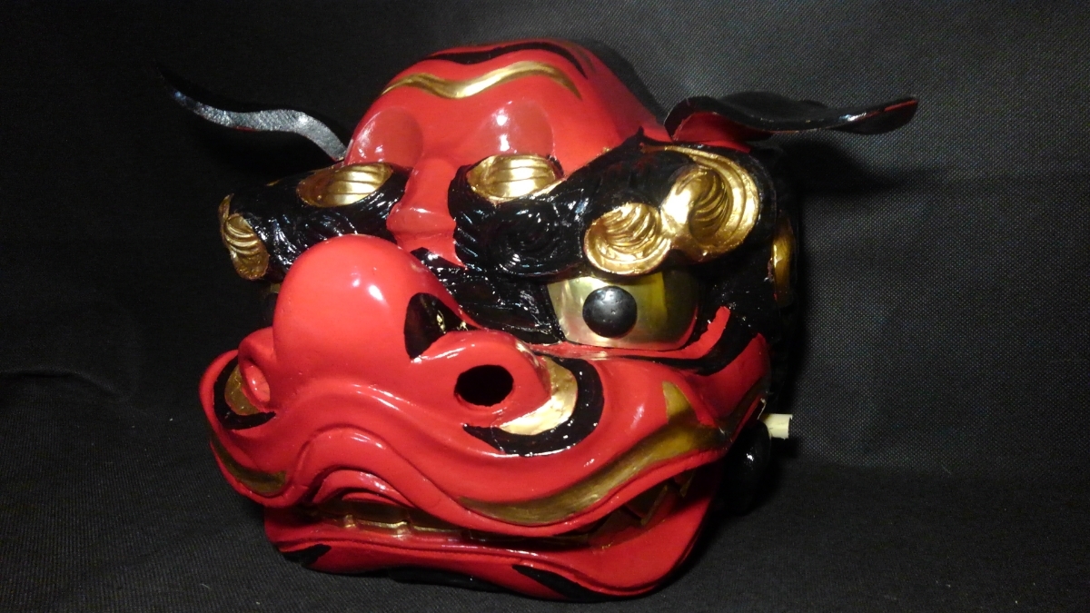□時代物 獅子舞 獅子頭 宇津 権九郎 雄 雌 朱塗 金彩 木彫 伝統工芸