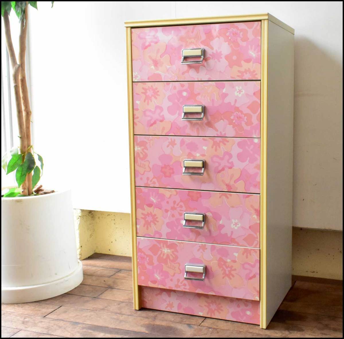 昭和レトロ 薔薇柄 花柄 木製チェスト 6段7杯 タンス 古家具