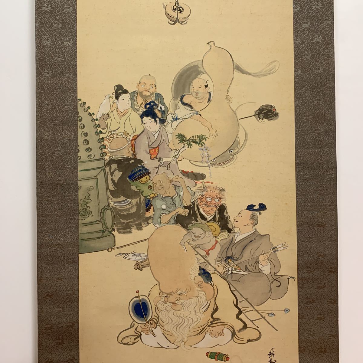 真作/細竹/山水人物画賛/須磨/明石/時代表装/布袋屋掛軸HH-546 真作