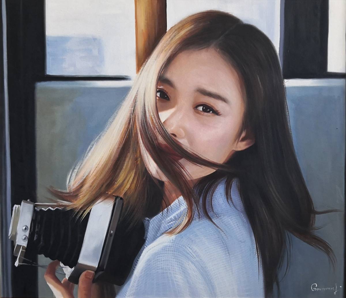 真作］F10号油彩画美人画美少女画リアリズム天使額付き