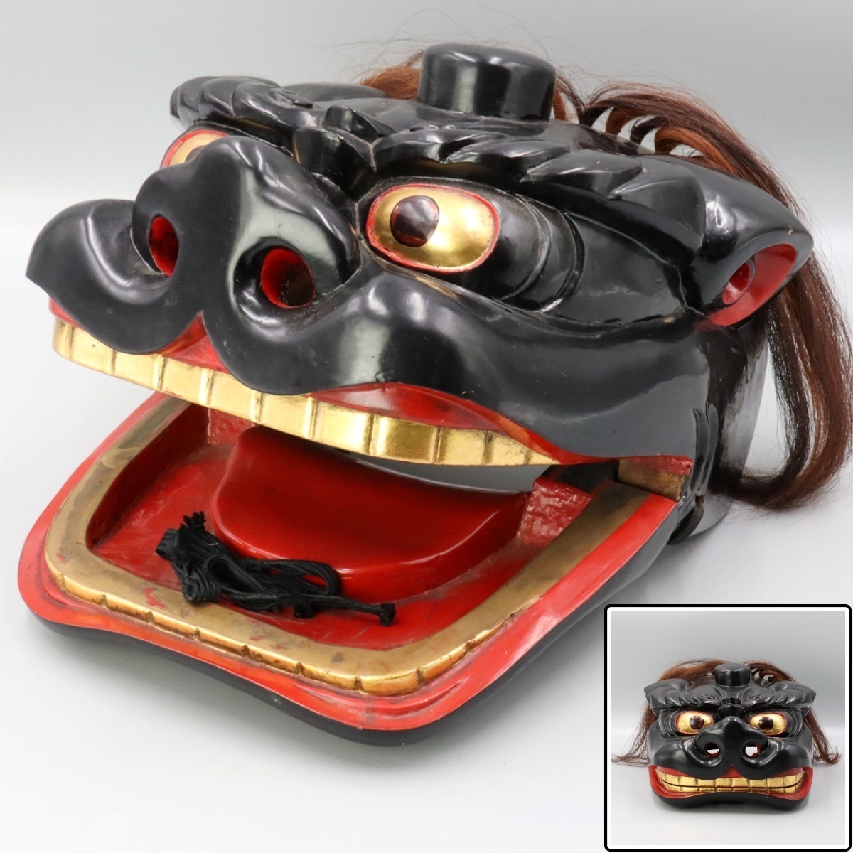 □時代物 獅子舞 獅子頭 宇津 権九郎 雄 雌 朱塗 金彩 木彫 伝統工芸