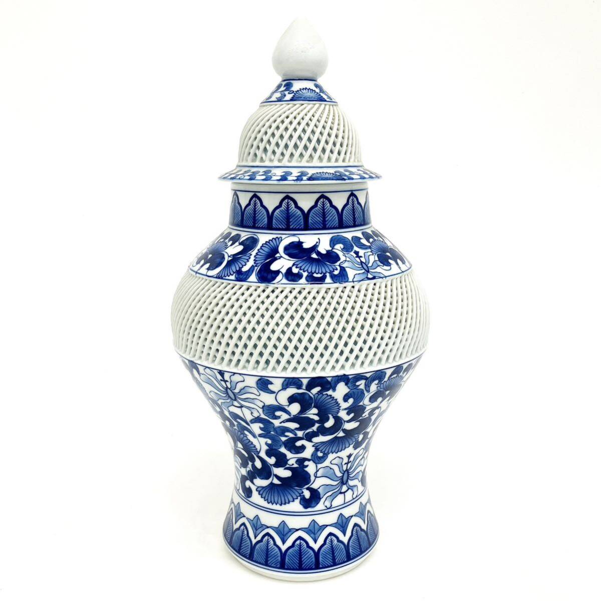 1568 希少有田焼網目透かし壺琴峰蓋付き染付青花花瓶