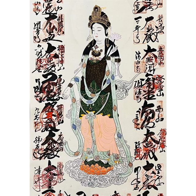 掛軸『西国三十三ヶ所観音霊場御朱印』仏画 絹本 無地箱付 掛け軸