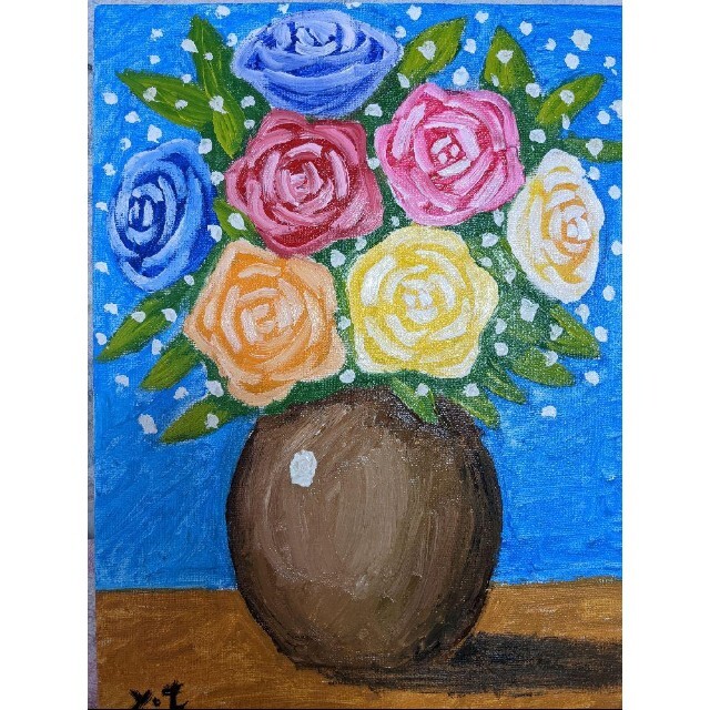 油絵 専用 カラフルな花瓶のお花 抽象画 油絵 専用 カラフルな花瓶のお花