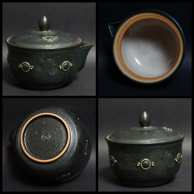 現代陶芸作家 宮里絵美造金彩鉄釉『瓔珞文』宝瓶 湯冷まし煎茶碗(