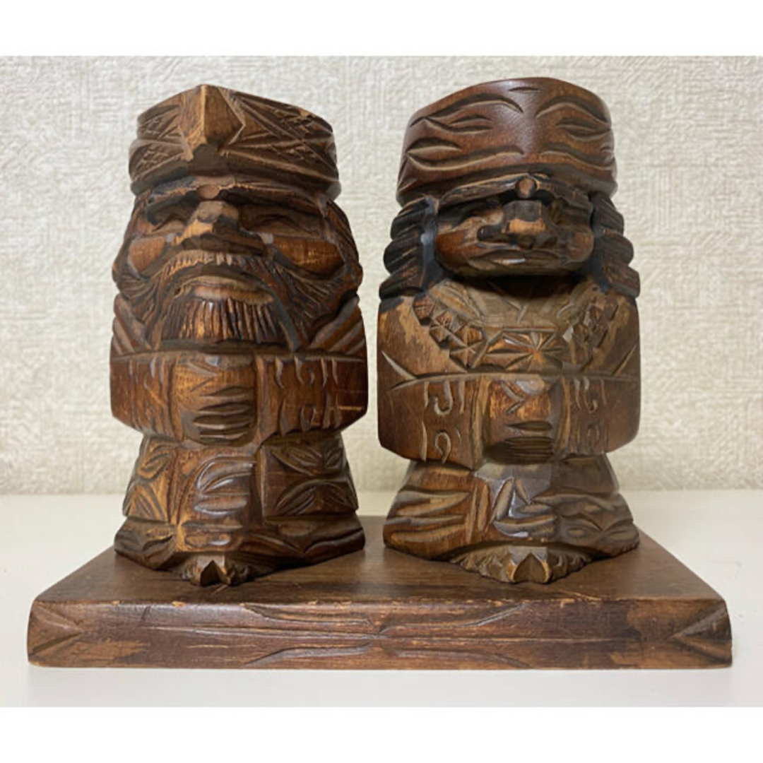 縁起物 天然木 アイヌ木彫置物(台座付)ニポポ人形 北海道 昭和レトロの
