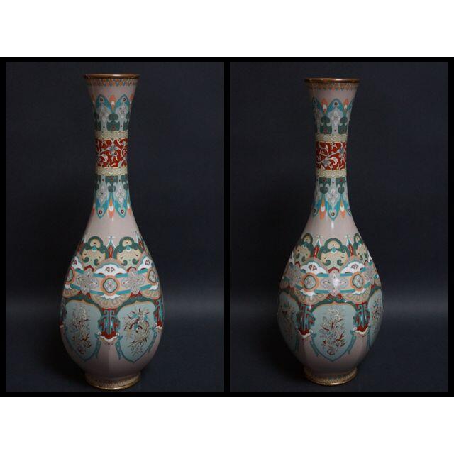 明治期 尾張七宝 銀線象嵌『龍鳳唐草紋』大型飾壺(一対) 面取