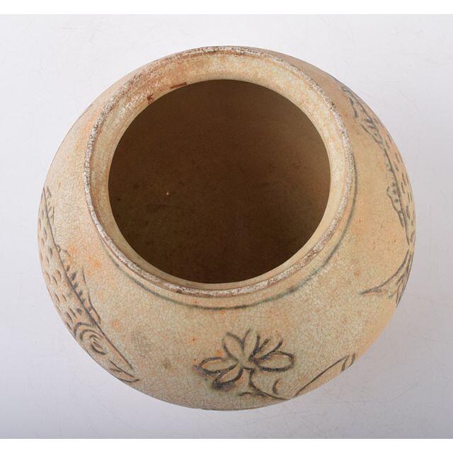 タイ古陶磁 スンコロク 宋胡録 最新 魚文 壷 時代箱付 C R3574C タイ古