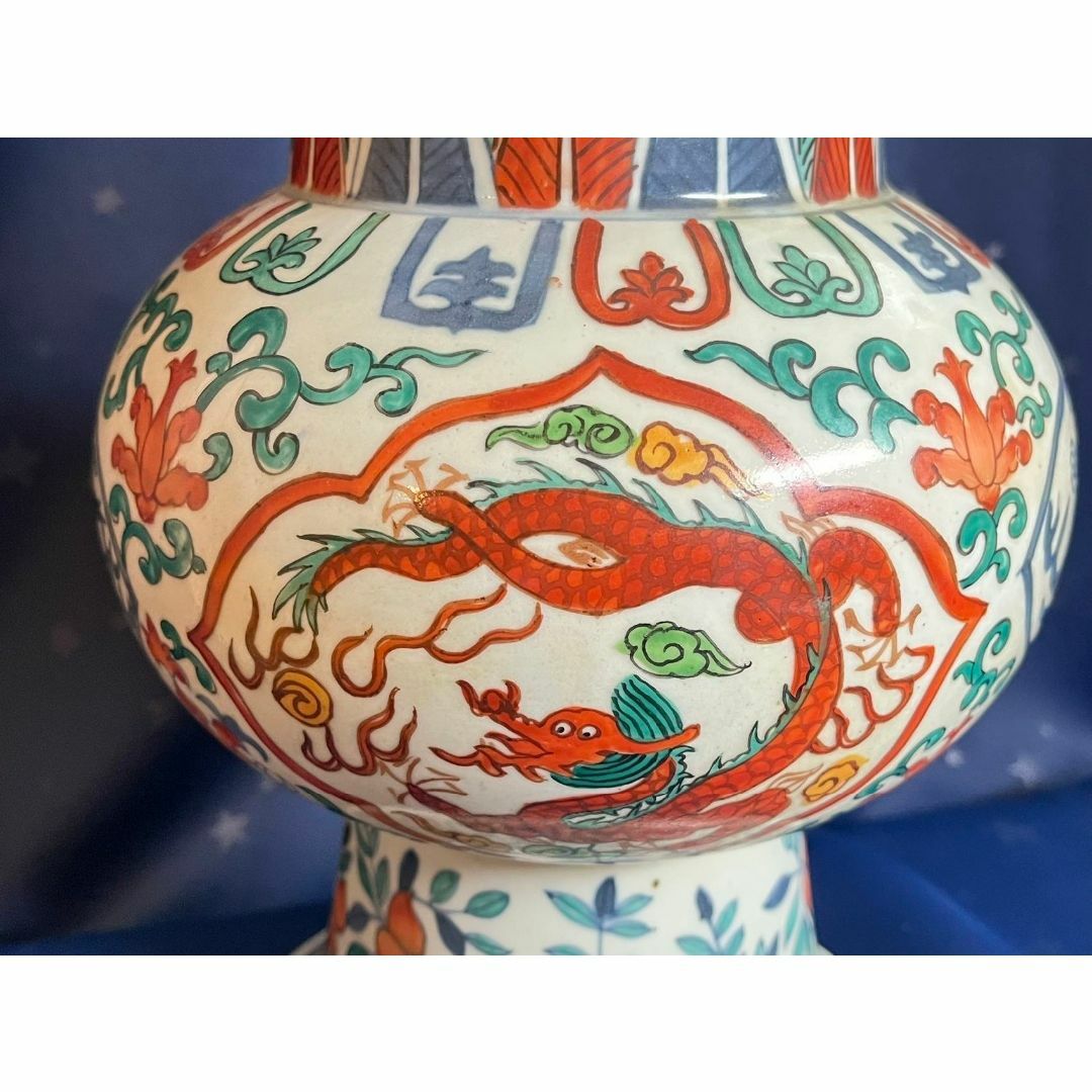 中国古玩 大明萬暦年製 彩色雲龍紋花瓶 花器 花生 高さ約42.3