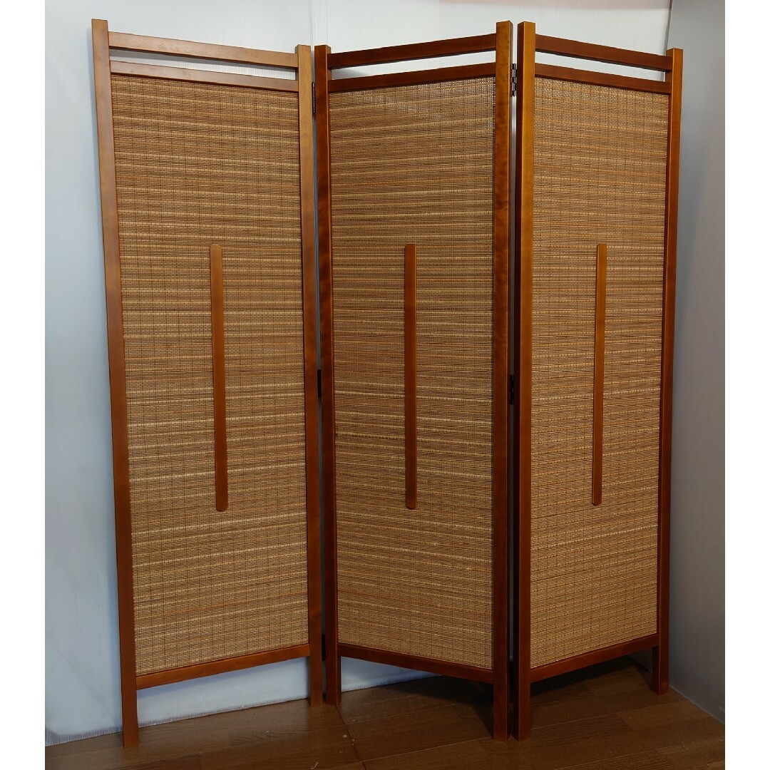 パーテーション 3連衝立 ライトブラウン色フレーム 天然燻し竹簾使用衝立 B