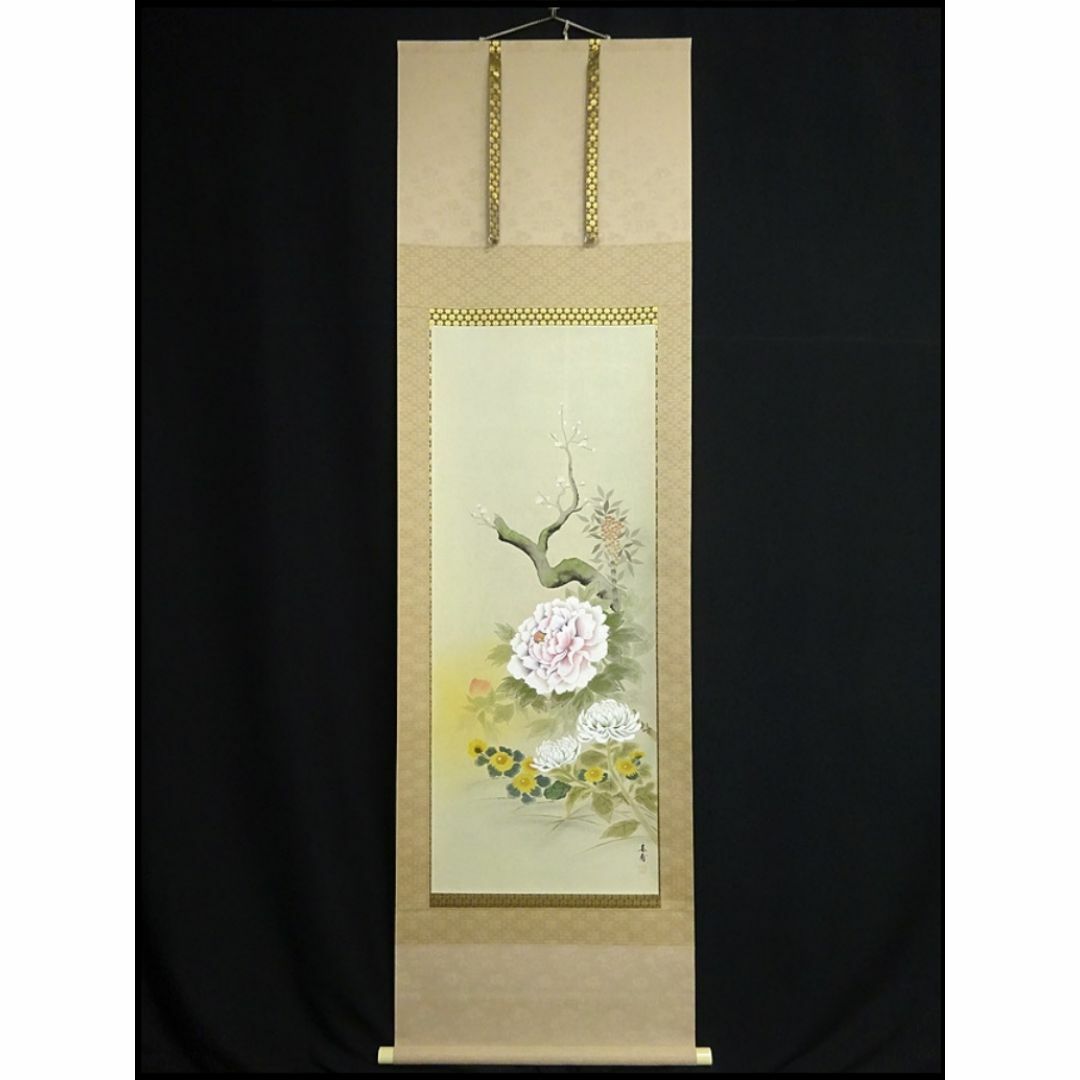 真作】掛軸 植田春甫『四季花図』絹本 肉筆 共箱付 掛け軸 a041713