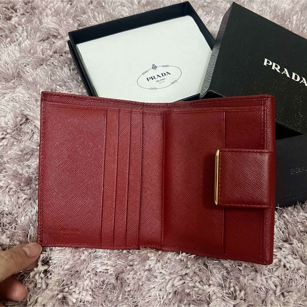 美品 プラダ PRADA サフィアーノ 2つ折り財布 マルチカラー 専用箱 赤