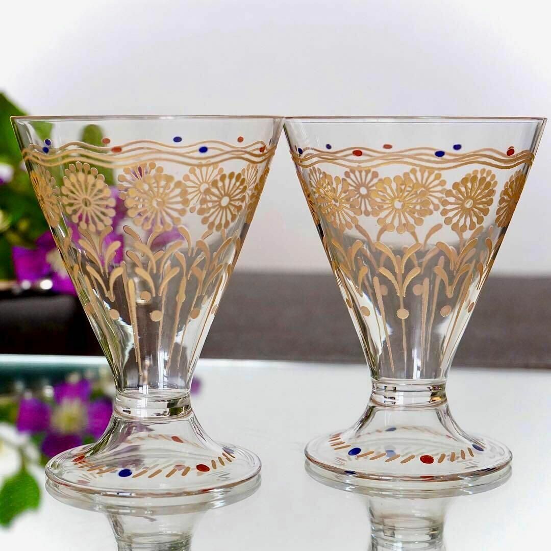 骨董 時代ガラス モールガラス 金彩 エナメル彩 薄張り 筒型 脚付