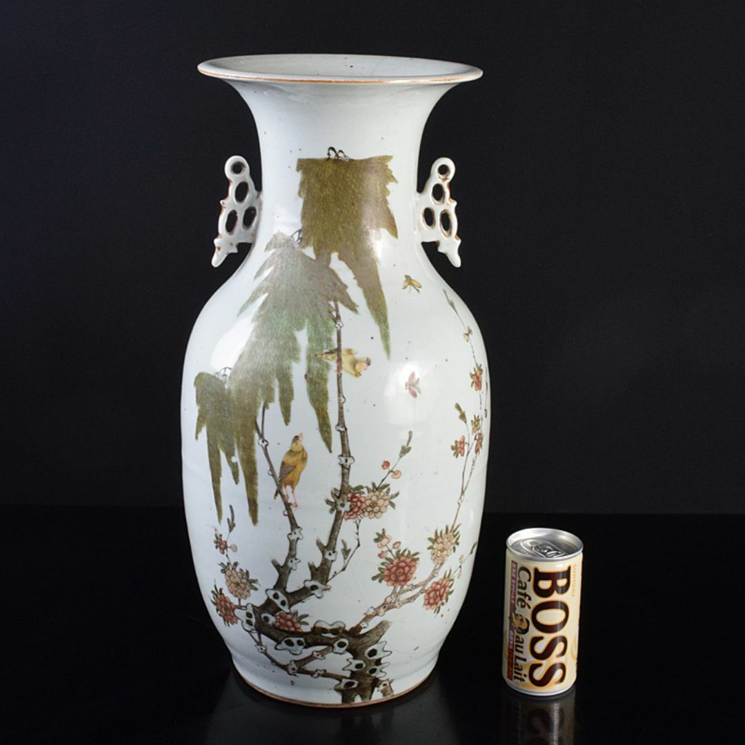 アウトレット 中国 粉彩花鳥文 双耳瓶 高さ約41cm V R7643F 清