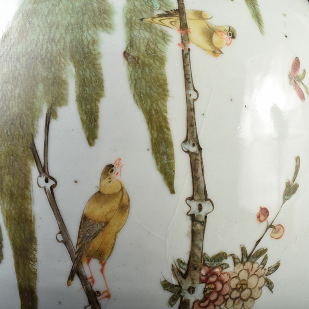 アウトレット 中国 粉彩花鳥文 双耳瓶 高さ約41cm V R7643F 清粉白花