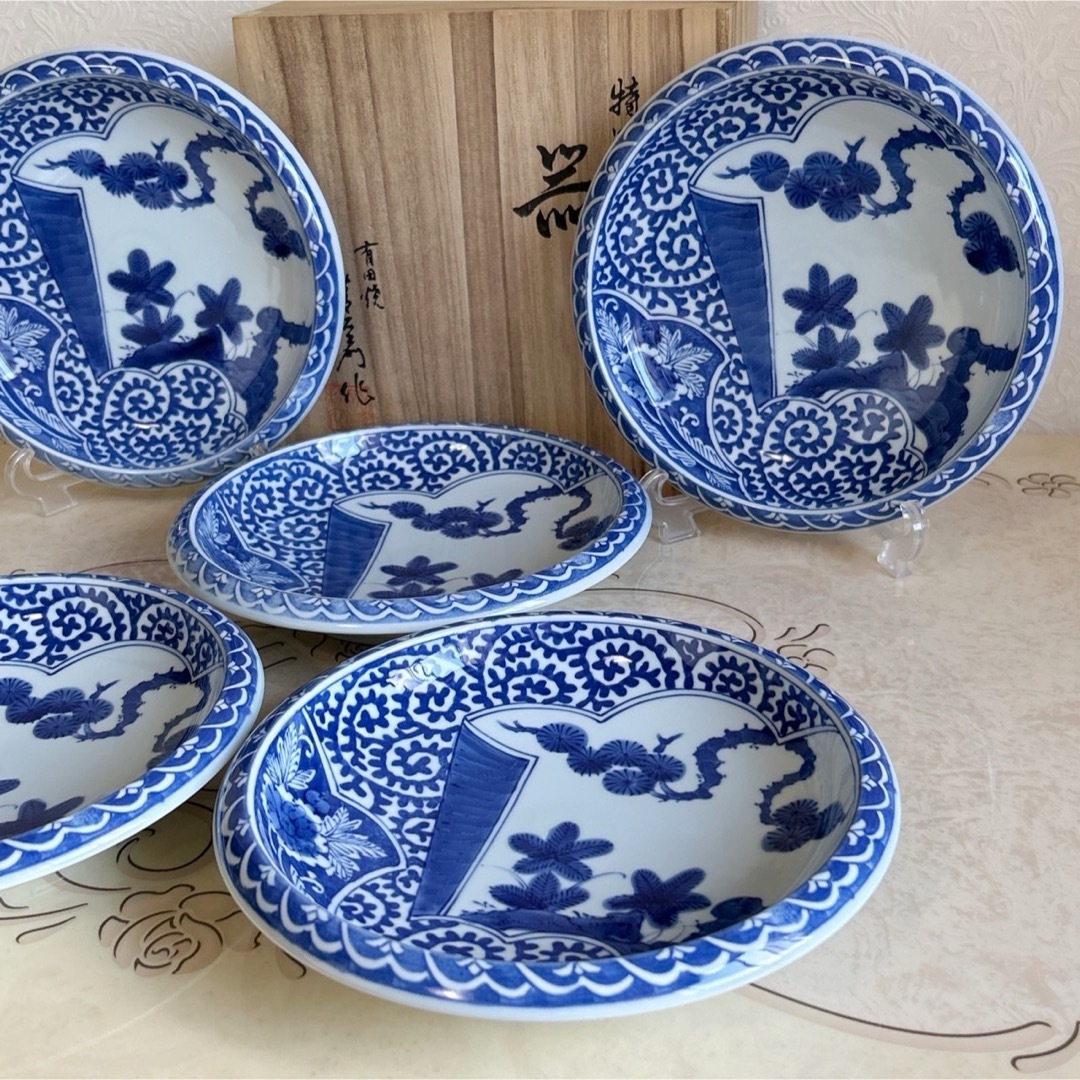 有田焼藤太郎窯古染地紋花鳥盛皿揃5枚セット中皿染付古伊万里変形皿