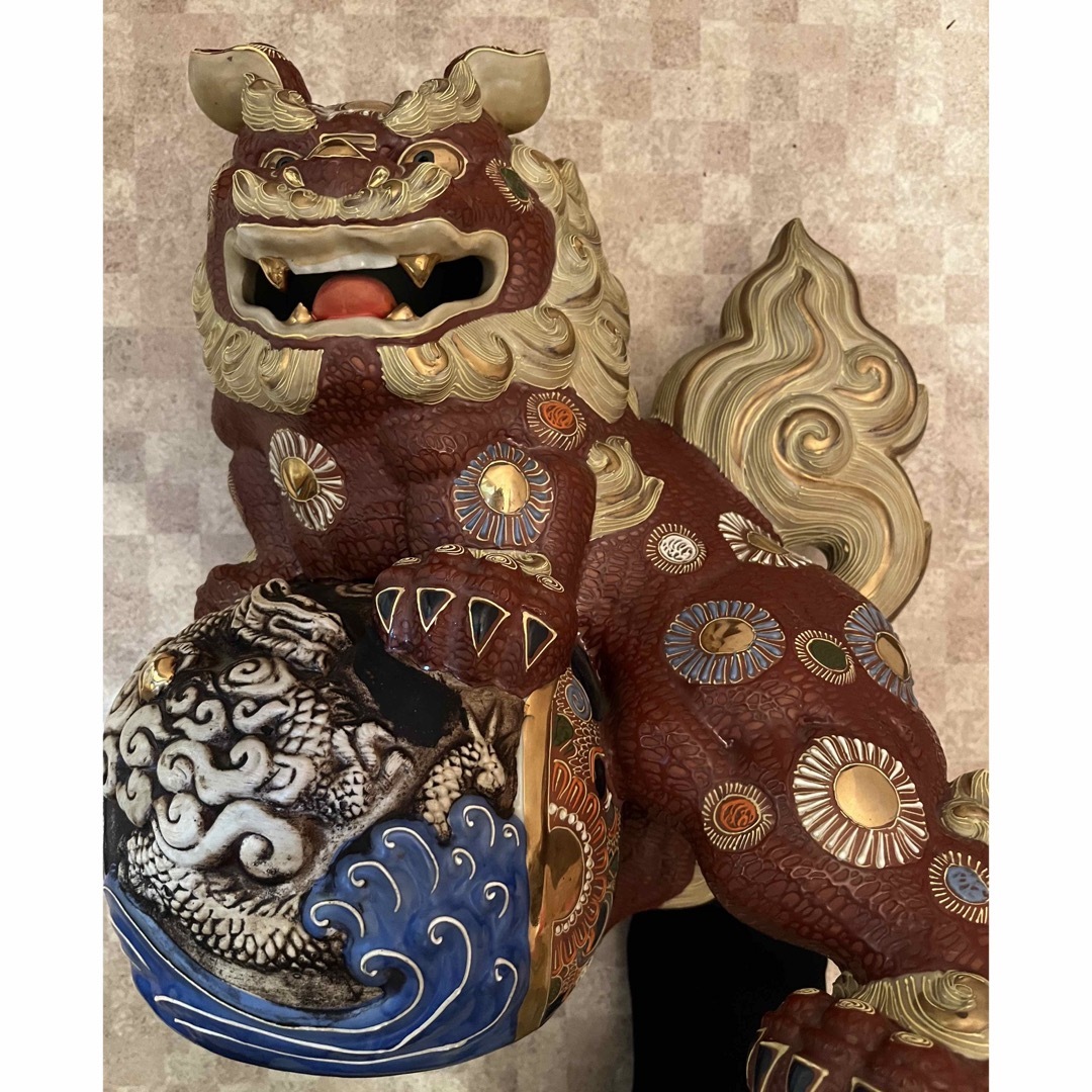 九谷焼 色絵金彩 玉乗り獅子 置物 床飾 高さ45㎝ 巾56㎝ 大型 BE948