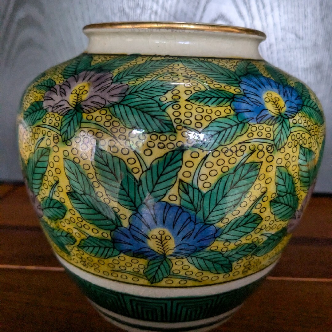 ♢越前 九谷焼 金彩色絵 花車遊女図 飾り壺 瓶花瓶 工芸品
