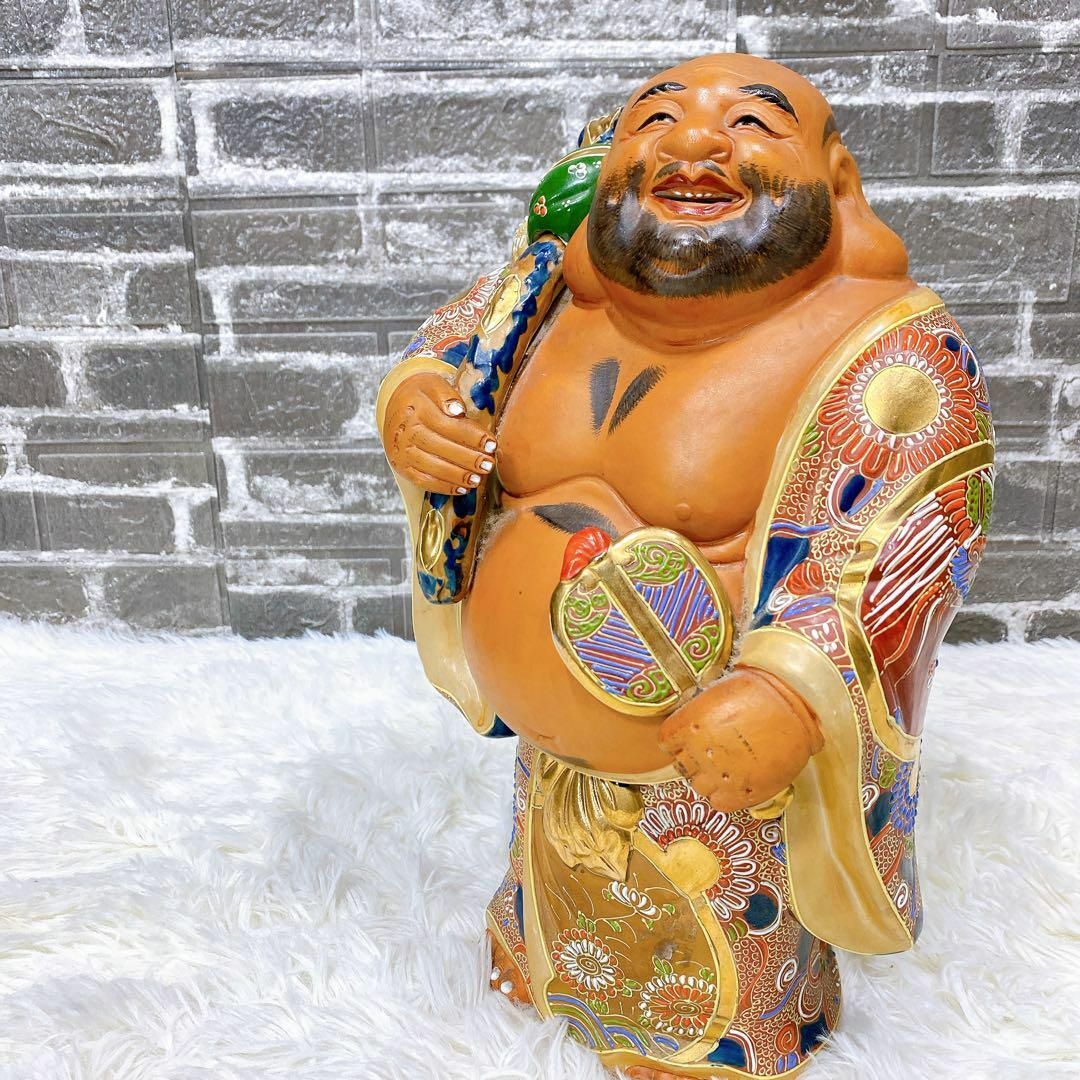九谷焼 布袋 極彩色 七福神 縁起置物 骨董 九谷焼 布袋 極彩色 七福神