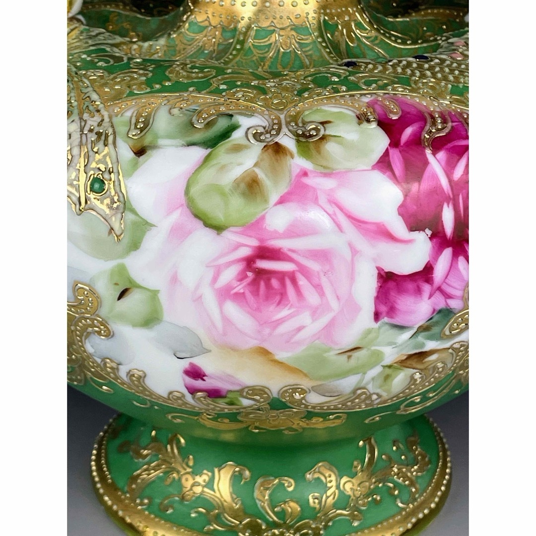 オールドノリタケ ジュエル 翠地金盛り蝶 薔薇紋花瓶 エナメル ジュール