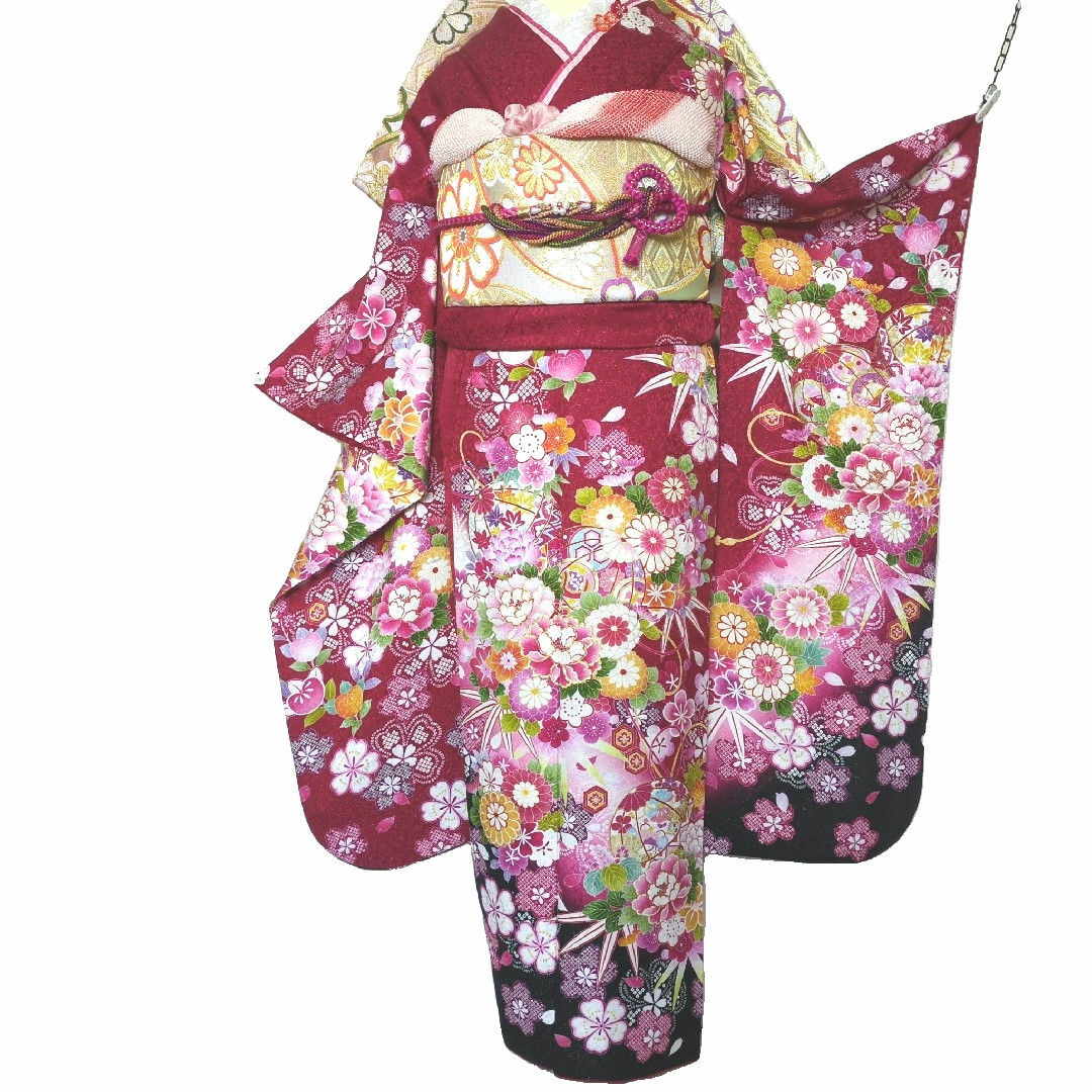 振袖フルセット 鞠草花文 銀通し 金駒刺繍 暈し染め 正絹 使用