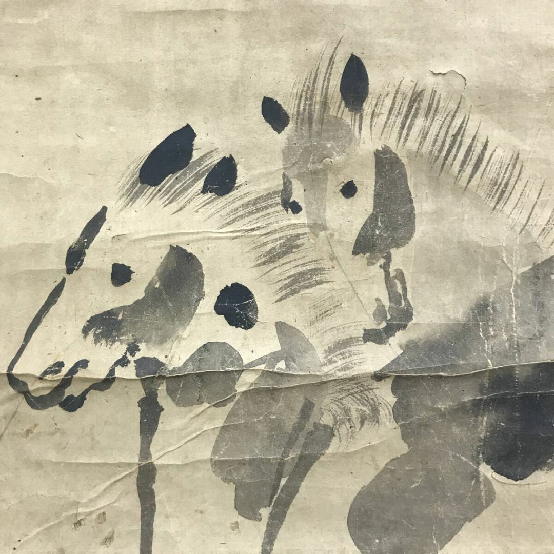 真作】掛軸墨馬図二頭の駿馬疾走図力強い筆致書画一体の名品S189