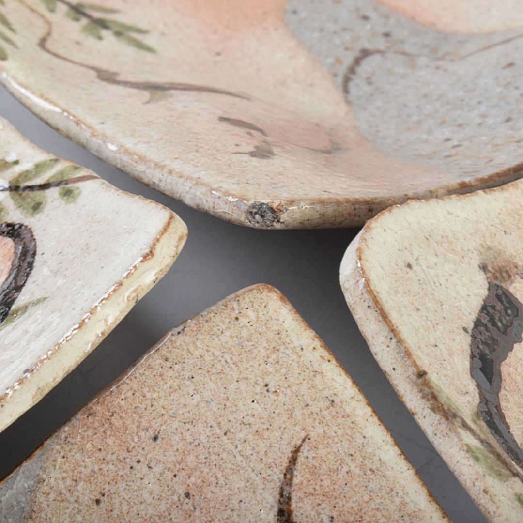 北大路魯山人作 鼠志野 四方皿 五客 共布 黒田陶々庵極め箱 M