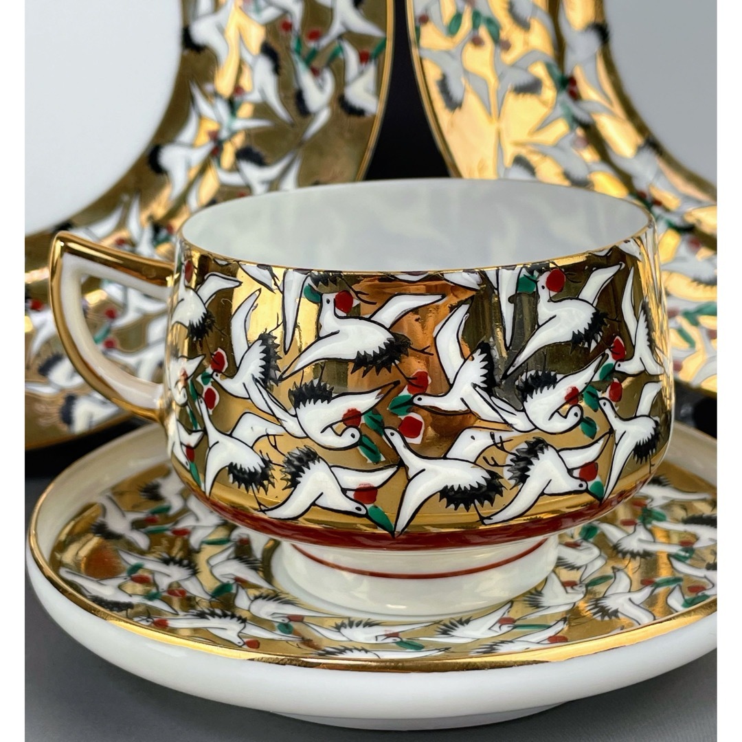 希少】九谷焼 1000クレーン 鶴 カップ ソーサー 2プレート セット