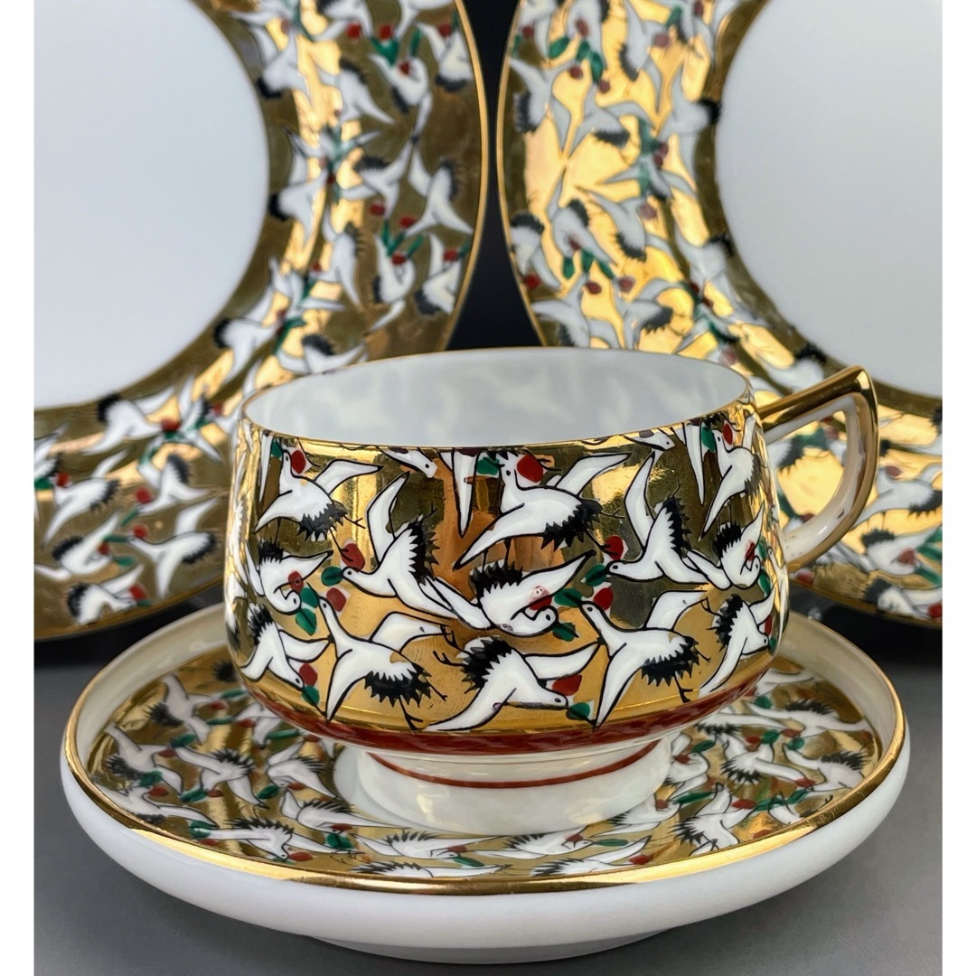 希少】九谷焼 1000クレーン 鶴 カップ ソーサー 2プレート セット 希少