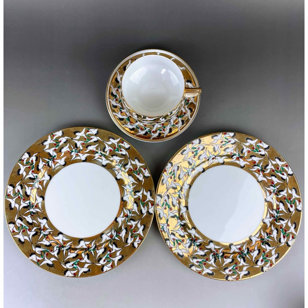 希少】九谷焼 1000クレーン 鶴 カップ ソーサー 2プレート セット