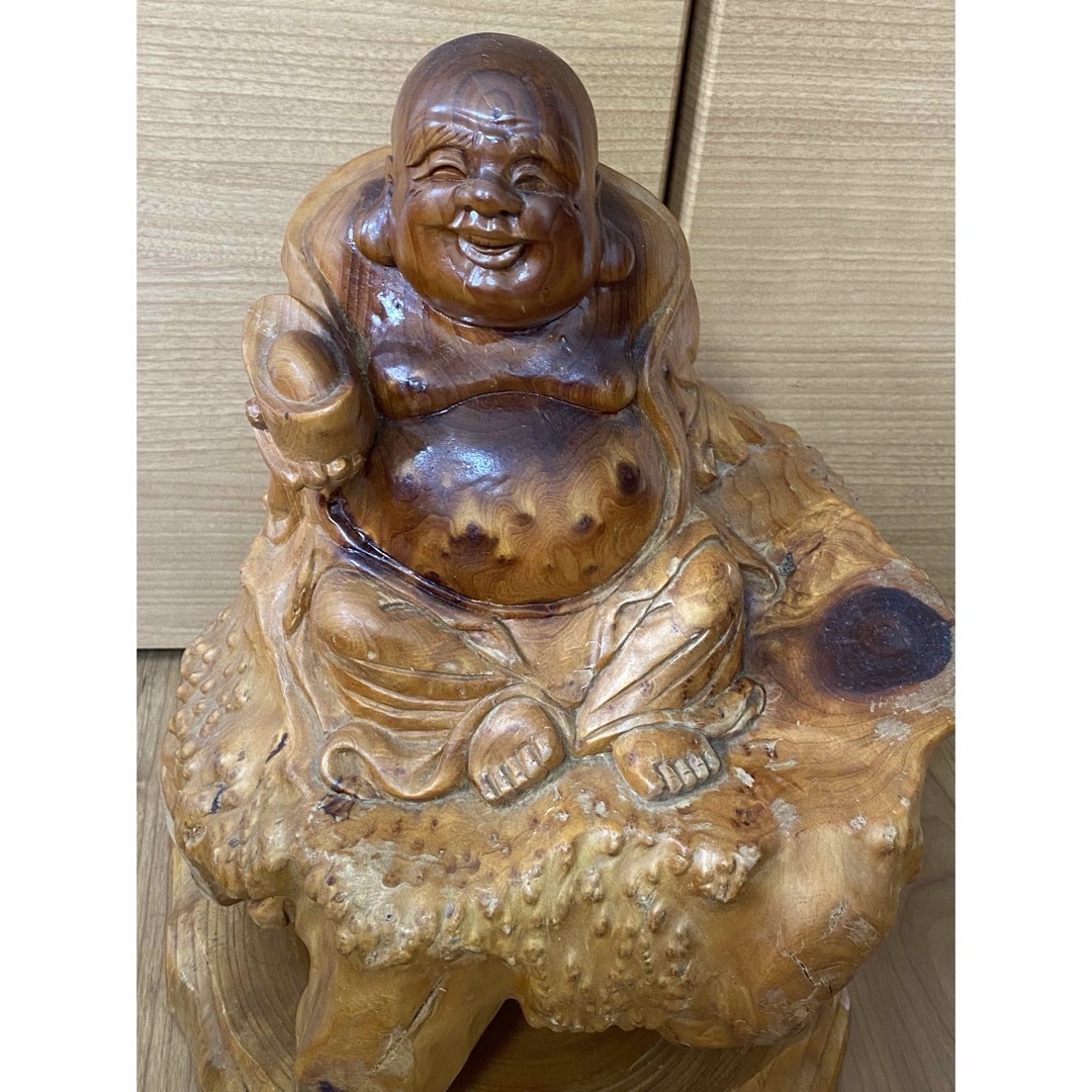 縁起物 天然木根彫七福神 布袋様一刀彫 木彫置物